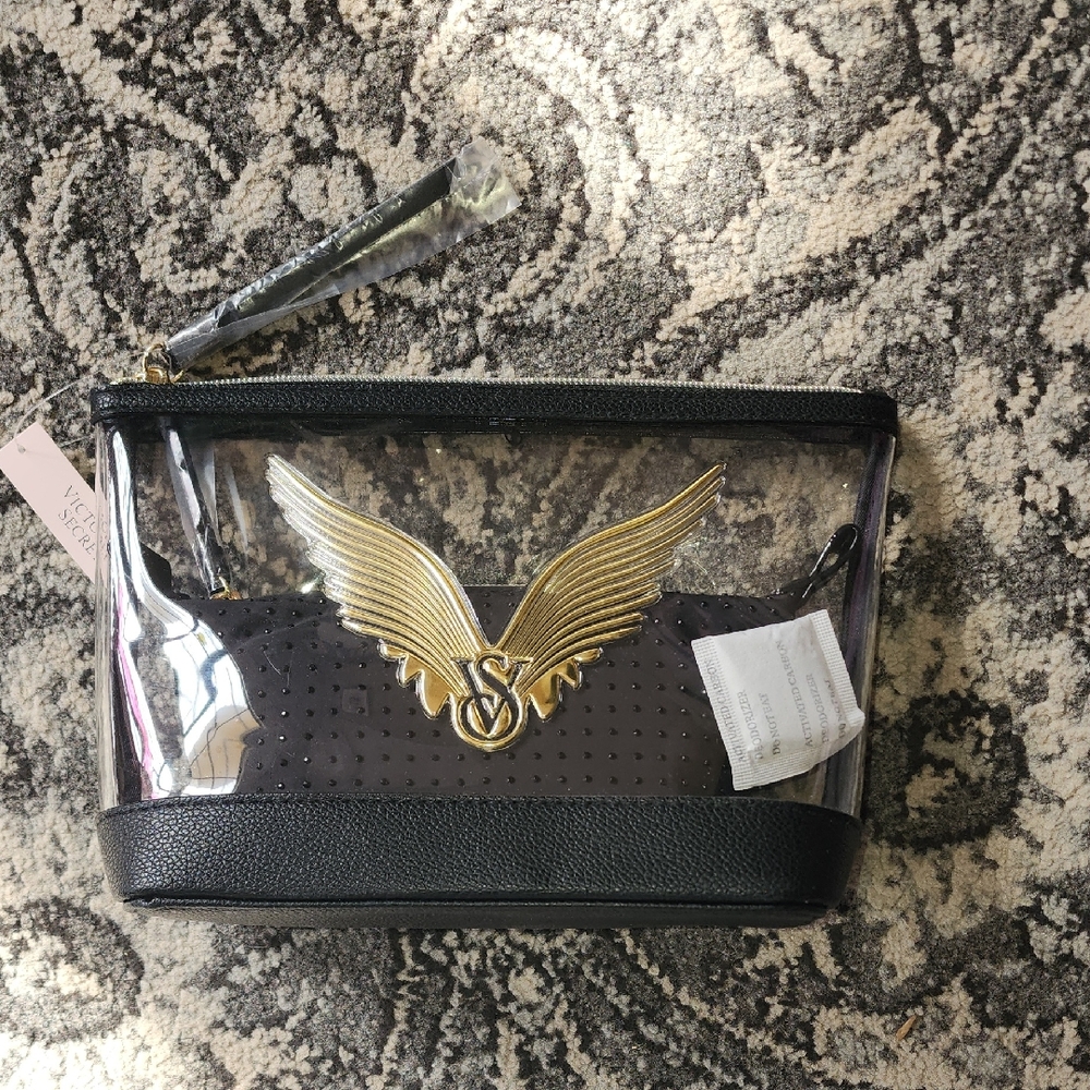 Victoria's Secret Black and Clear Pouch with Gold Logo
